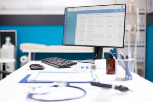 empty medical workspace with technology